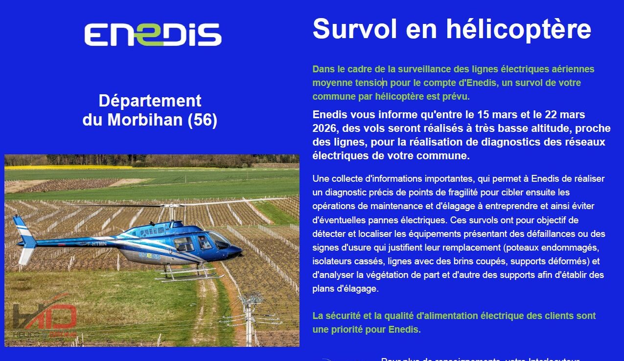 Surveillance de lignes électrique ENEDIS par hélicoptère